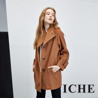【ICHE 衣哲】百搭翻領簡約咖啡造型長大衣外套