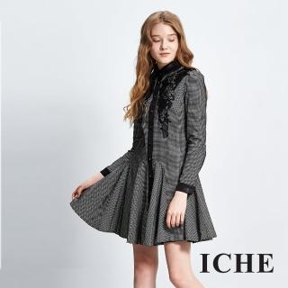 【ICHE 衣哲】襯衫印花雕花傘襬長袖洋裝