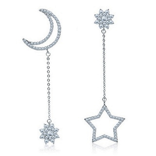 【米蘭精品】耳環鑲鑽流行銀飾品(時尚長款星星月亮不對稱七夕情人節生日禮物73ac12)