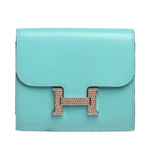 【HERMES】經典constance蜥蜴皮H LOGO小牛皮方型暗釦卡夾/零錢包(環礁藍H068960CK-BLUE)