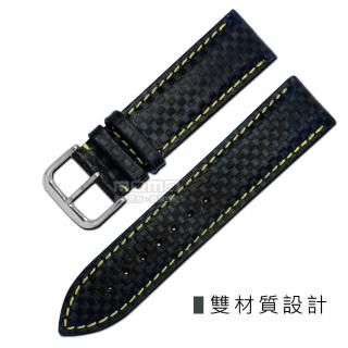 【Watchband】時尚指標仿碳纖維雙材質錶帶(黑黃色)