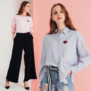 【Who Cares】紅唇徽章長袖襯衫(粉/天藍)