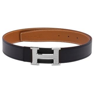 【HERMES】銀色菱格紋H LOGO雙面用小牛皮腰帶/皮帶(90CM-黑X棕H052000-H064540-BLK-BROWN-ARG)