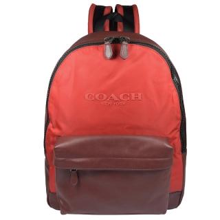 【COACH】經典LOGO撞色皮革帆布拼接後背包(暗紅/紅)