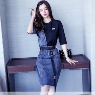 【BRIGA QSXE3095】BRIGA QSXE3095設計師口袋拼接中長款通勤連衣裙 配腰帶(QSXE3095)