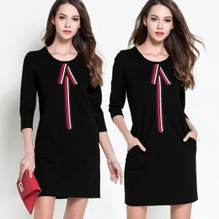 【麗質達人】2682黑色七分袖圓領袖洋裝(M-5XL)