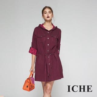 【ICHE 衣哲】挺版牛仔反摺袖兩穿造型洋裝外套-兩色-桃紅