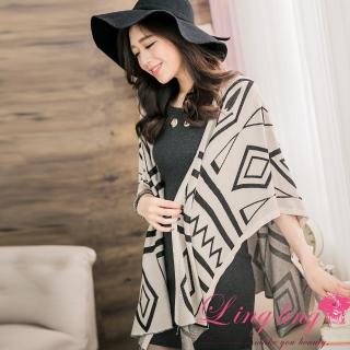 【lingling】不規則菱型紋披肩罩衫PA2680(高雅杏)