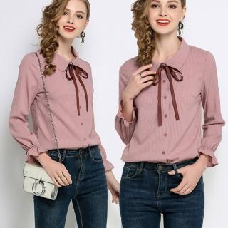 【麗質達人】5280條紋綁帶長袖上衣(L-5XL)