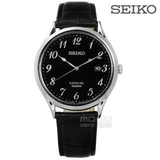 【SEIKO 精工】雅緻簡約藍寶石水晶防水真皮手錶 黑色 40mm(7N42-0FW0U.SGEH77P1)