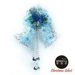 【摩達客】6吋浪漫透明緞帶雙花鐘吊飾-藍銀色