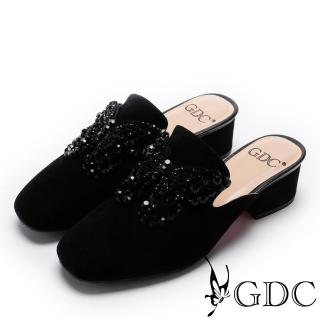 【GDC】真皮典雅水鑽蝴蝶低跟拖鞋-黑色(722267)