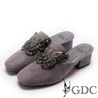 【GDC】真皮典雅水鑽蝴蝶低跟拖鞋-灰色(722267)