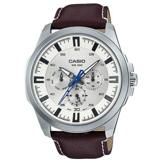 【CASIO 卡西歐】三眼男錶 皮革錶帶 黑/藍/銀白 防水50米 滑動式秒針(MTP-SW310L-7A)