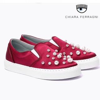 【Chiara Ferragni】眨眼珍珠緞面厚底鞋-紅(樂福鞋)
