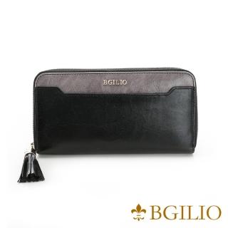 【義大利BGilio】義大利蜡感牛皮雙色拉鍊長夾-黑色(2248.323-05)