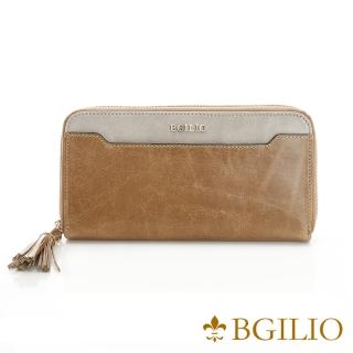 【義大利BGilio】義大利蜡感牛皮雙色拉鍊長夾-駝色(2248.323-04)
