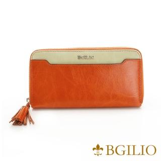 【義大利BGilio】義大利蜡感牛皮雙色拉鍊長夾-橙色(2248.323-11)