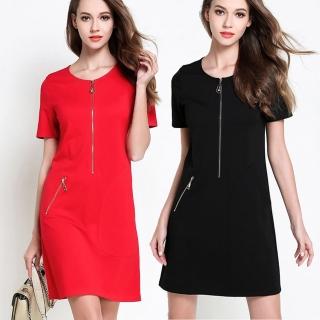 【麗質達人】2681不對稱口袋短袖洋裝(M-5XL)