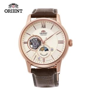 【ORIENT 東方錶】SUN&MOON系列 半露空日月相錶  皮帶款 玫瑰金色 42mm(RA-AS0003S)