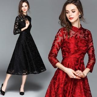 【ABELLA 艾貝菈】立領旗袍扣雕花鏤空蕾絲七分袖洋裝(三色/S-3XL)