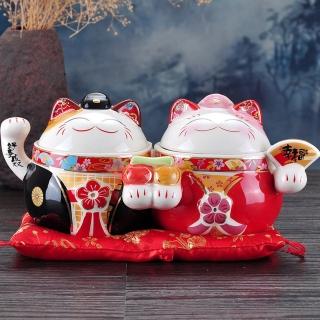 【金石工坊】好事成雙情侶貓(高11CM 招財貓 聚寶盆糖果罐 結婚禮物 喬遷 陶瓷開運擺飾)