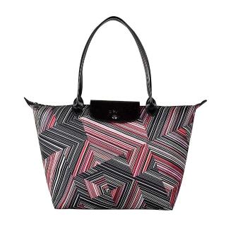 【LONGCHAMP】經典OP ART系列滌綸條紋設計長提把肩背包(寶石紅)