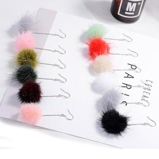 【Angel】時尚可愛水貂絨毛球垂吊式耳環(黑白灰綠藍粉米色12色)