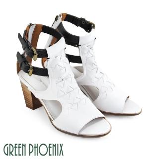 【GREEN PHOENIX波兒德】國際精品編織紋路金屬扣環鏤空義大利雙色蠟皮中粗跟羅馬涼鞋(白色)