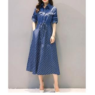 【RH】東大門同步發售深色系牛仔洋裝(牛仔纖細顯瘦羽毛圖騰牛仔洋裝)