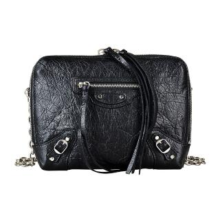 【Balenciaga 巴黎世家】經典銀釦小羊皮鏈帶拉鍊斜背包(黑)