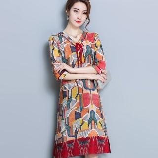 【ALICAI 艾麗彩】V領綁帶不規則色塊印花七分袖洋裝(S-2XL)