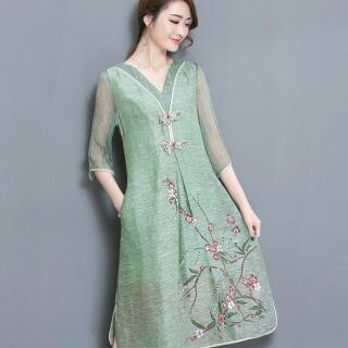 【ALICAI 艾麗彩】粉綠V領包邊花朵枝條印花七分袖洋裝(中大碼/S-4XL)