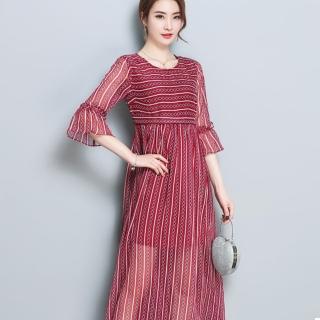 【ALICAI 艾麗彩】紅白小菱格條紋印花雪紡七分袖洋裝(S-2XL)