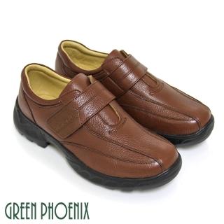 【GREEN PHOENIX波兒德】男款極簡素面沾黏式全真皮平底輕量休閒男鞋(咖啡)