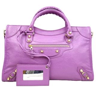 【Balenciaga 巴黎世家】City金釦手提肩背機車包(桃紫)