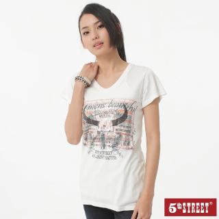 【5th STREET】女牛角圓領印花短袖T恤-米白