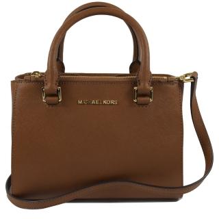 【Michael Kors】經典LOGO素面防刮皮革手提兩用包(咖)