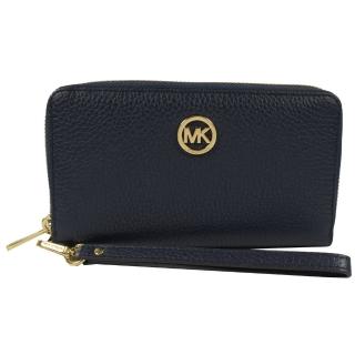 【Michael Kors】圓形金LOGO荔枝皮革手提式拉鍊中長夾(深藍)