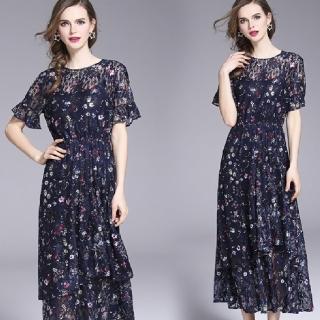 【ABELLA 艾貝菈】藏青碎花蕾絲短袖鬆緊腰層次下擺洋裝(S-2XL)
