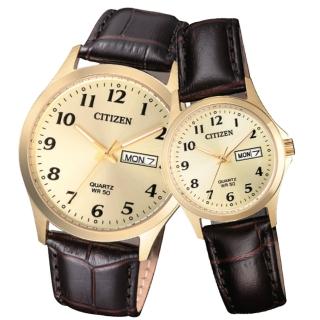【CITIZEN 星辰】石英指針對錶 皮革錶帶 金色錶面 防水50米 日期/星期顯示(BF5002-05P+EQ2002-07P)