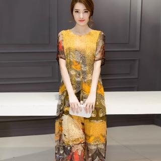 【ALICAI 艾麗彩】宮廷復古印花圓領短袖寬鬆洋裝(中大碼/M-3XL)