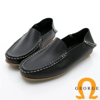 【GEORGE 喬治皮鞋】水洗系列 素面縫線懶人樂福鞋休閒鞋-黑