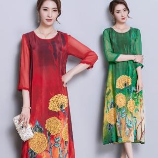 【ALICAI 艾麗彩】漸層渲染菊花印花七分袖寬鬆洋裝(中大碼/二色/M-3XL)