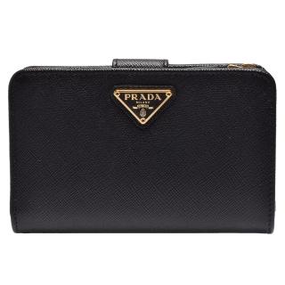 【PRADA 普拉達】SAFFIANO TRIANG系列金色三角LOGO防刮牛皮暗釦拉鍊中夾(黑1ML225-SAFFIANO TRIANG-NERO)