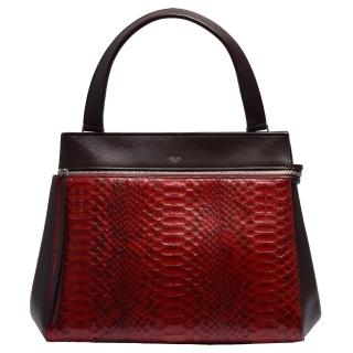 【CELINE】經典EDGE系列蟒蛇皮包身小牛皮飾邊單肩包(紅X棕-展示品172604QEG-RED)