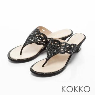 【KOKKO集團】華麗年代蝴蝶紋夾腳楔型涼鞋(黑)