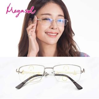 【MEGASOL】優質銅合金鏡架俐落半方框漸近多焦老花眼鏡(俐落中性款-PL1369)