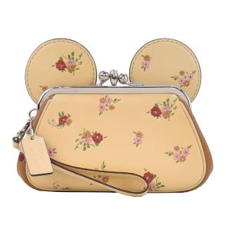 【COACH】x DISNEY MINNIE米妮復古花印耳朵珠扣大手拿(淺黃)