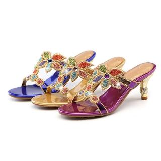 【Sp house】時尚宴會全真牛皮奢華水鑽約會耀眼細跟涼鞋(金色紫色藍色3色全尺碼)